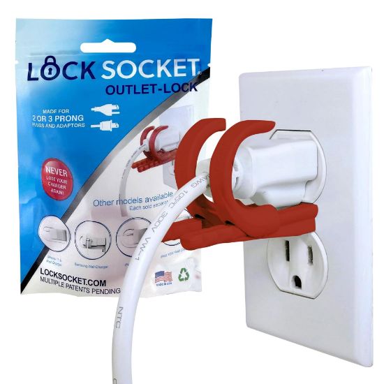 Picture of Lock Socket Adjustable Outlet and Charger Lock - Red | Anti-Theft, Child-Safe Plug Lock cover | Secures 2 or 3 Pronged Plug & Adaptors, Includes Security Screw & Key | Secures Most Cords | Made in USA