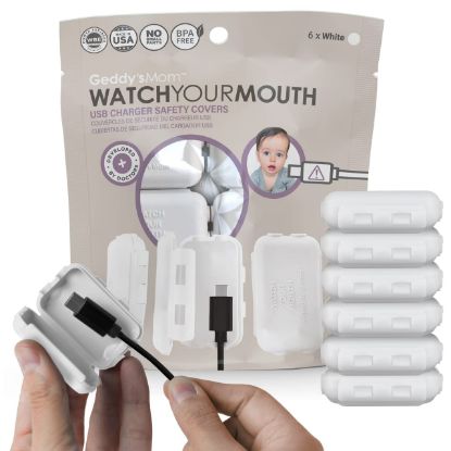 Picture of Baby Proof USB Charger Cover - Child-Resistant Cord Tip Enclosure for Standard USB Charging Cables - (6 Pack, White)