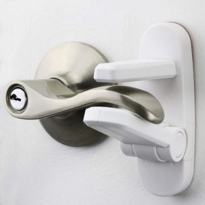 Picture of Door Lever Lock (1 Pack) Prevents Toddlers from Opening Doors. 3.25" L * 1.5" W * 4.5" H Easy One Hand Operation for Adults. Durable ABS with 3M Adhesive Backing. Simple Install, No Tools Needed.