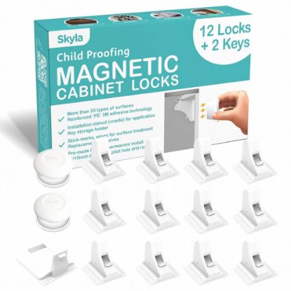 Picture of Skyla Homes Magnetic Cabinet Locks Baby Proofing Child Safety - The Safest Quickest and Easiest Multi-Purpose 3M Adhesive Child Proof Latches, No Screws or Tools Needed (12 Pack)