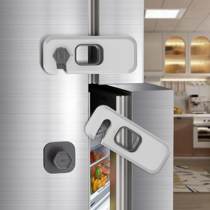 Picture of 2 Pack Fridge Locks with Self Adhesive, Refrigerator Latch for Kids, Toddlers and Children, Child & Baby Proofing Freezer Door Lock for, Cabinets and Drawers, Oven, Windows