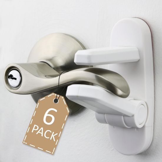 Picture of Door Lever Lock (6 Pack) Prevents Toddlers from Opening Doors. 3.25" L * 1.5" W * 4.5" H Easy One Hand Operation for Adults. Durable ABS with 3M Adhesive Backing. Simple Install, No Tools Needed.