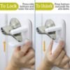 Picture of Door Lever Lock (6 Pack) Prevents Toddlers from Opening Doors. 3.25" L * 1.5" W * 4.5" H Easy One Hand Operation for Adults. Durable ABS with 3M Adhesive Backing. Simple Install, No Tools Needed.