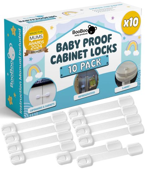 Picture of Booboo (10 Pack) Premium Cabinet Locks Baby Proofing, Child Proof Cabinet Locks, Cupboard Locks for Children with 3M Adhesive + 4 Extra Stickers