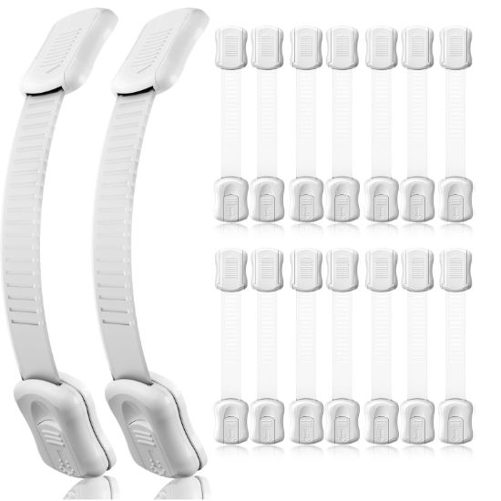 Picture of 16-Pack Cabinet Locks Baby Proofing - Syican Child Proof Drawer Locks, Multi-Purpose for Drawers, Fridge, Toilet Seat, Trash Can, Ideal Stocking Stuffers, White