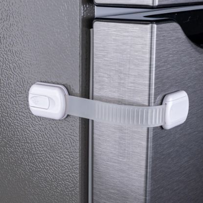 Picture of 2-Pack Child Proof Fridge Lock with Adhesive - Adjustable Baby Proofing Straps - Refrigerator Lock for Kids - Freezer Latch to Keep Door Closed - for Toddlers, Cats, & Dogs - Universal Compatibility