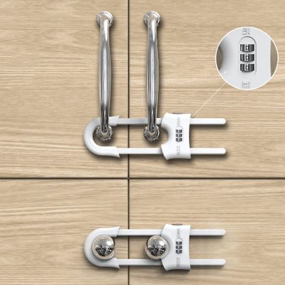 Picture of 4 Pack Child Proof Sliding Cabinet Door Code Locks Baby Safety Cupboard Locks Adjustable U Shaped Cabinet Latches for Knob Handle Drawers Closet Plastic (4 PCS, White)