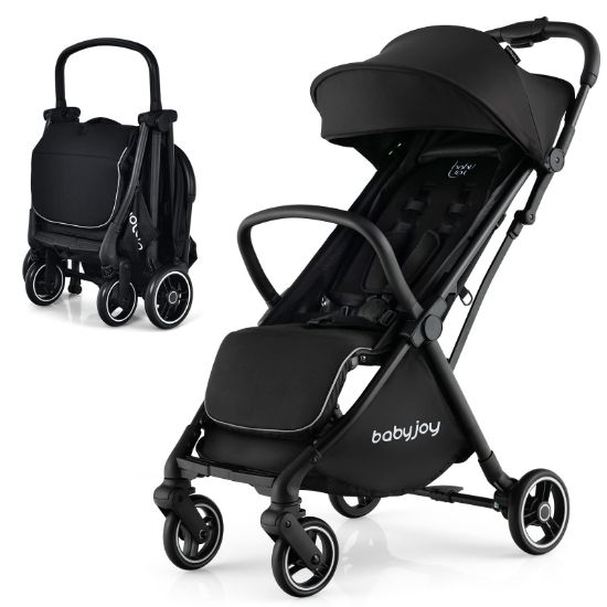 Picture of BABY JOY Lightweight Baby Stroller, Compact Travel Stroller for Airplane, Infant Toddler Stroller w/Adjustable Backrest & Canopy, Storage Basket, Self Standing Gravity Fold, Aluminium Frame (Black)