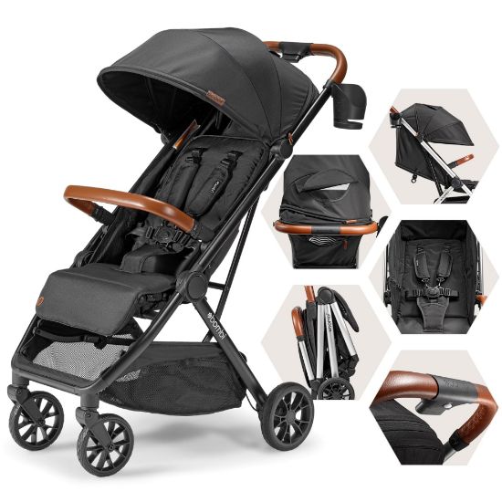 Picture of Bombi Bbee V2 Lightweight Baby Stroller - Premium Vegan Leather, One-Hand Fold, Infinite Recline, Aircraft-Grade Aluminum Frame, XXL Canopy, and Ample Storage Umbrella Stroller - Hickory