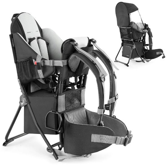 Picture of besrey Baby Backpack Carrier, Toddler Hiking Backpack with Safety 3-Height Seat, Adjustable Straps&Waist Belt, Foldable Frame Lightweight Large Capacity Child Carrier for Hiking (Black)