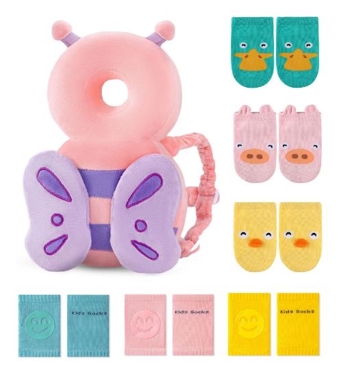 Picture of JunNeng Toddler Baby Head Protector Backpack for Toddler Walker with Knee Pads&Anti-Slip Socks, Butterfly