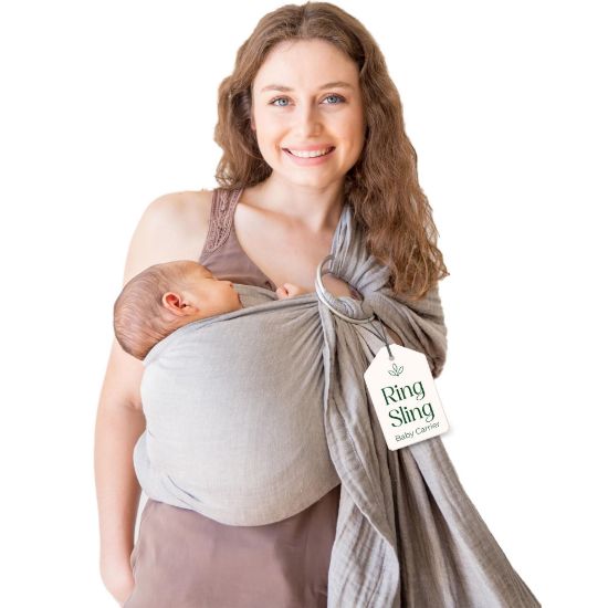 Picture of Ring Sling Baby Carrier - USA Lab Tested, Natural Cotton Muslin, Breathable & Ergonomic Ring Sling Grey