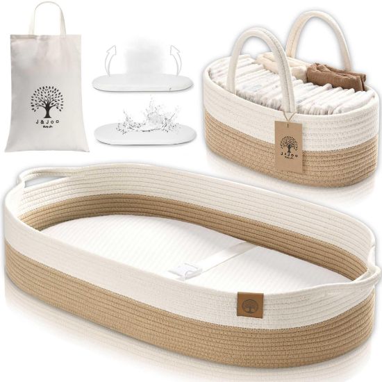 Picture of J&JOO Baby Changing Basket includes Diaper Caddy - Soft & Waterproof Dual-Cover, Portable, Changing Pad for Dresser & Changing Table, Gift for Baby Shower, Organic Cotton Rope