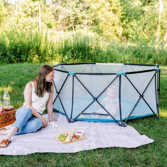 Picture of Regalo Safety My Play Deluxe Extra Large Baby Playpen & Portable Play Yard, Foldable 8-Panel Indoor Outdoor Playpen for Babies & Toddlers, Mesh Sides, Washable Nylon Bottom, 62", Aqua/Black