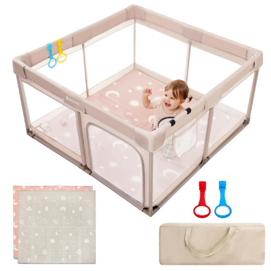 Picture of Joypony Baby Playpen with Mat, 50x50 in Small Play Pen for Babies, Toddler Playpen for Apartment, Indoors Play Yard with Soft Breathable Mesh (Beige with Mat)