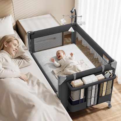 Picture of GAIVE 4 in 1 Baby Bassinet, One-Push Setup Pack and Play, Bedside Crib Sleeper with 3 Height AdjustableDiaper Changer, Come with Comfy Mattress, Rotating Toy Bar, from Infants to Toddlers (Black)