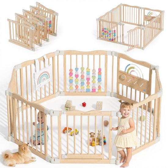 Picture of Foldable Wooden Playpen - Adjustable Wood Baby Play Yard with Child-Proof Lock, Indoor Large Safety Fence for Babies and Toddlers - Easy Assembly, 55 x 55 x 24 inches, Natural Rainbow Dream