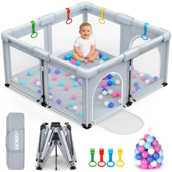 Picture of OCATO Baby Playpen: Foldable Playpen for Babies and Toddlers Large Play Pen Portable Playpen Fence Indoor Outdoor Kids Safety Area Travel Play Yard with 1 Storage Bag 4 Handlers 50 Balls (50" 50")