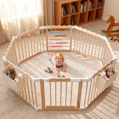 Picture of M MEEPO Foldable Baby Playpen, 57 x 57 x 25 in, Adjustable Shape & Size Wooden Baby Playpen with 2-Pack Storage Bags, Nature Pine Wood Play Yard for Infant, Toddler, Safety Lock Door, Build in Toys