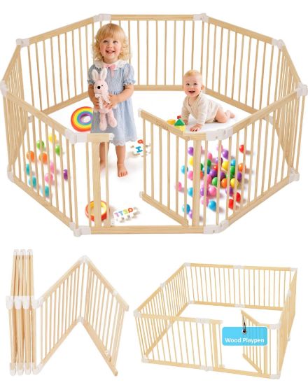 Picture of CONKKA Foldable Wooden Baby Playpen Large Play Yard for Babies, 2 in1 New Mom Helper Portable Fence, 25" Tall Safe Wood Gate with Adjustable Size & Shape for Infants 3-18 Months -63x63x25 inch