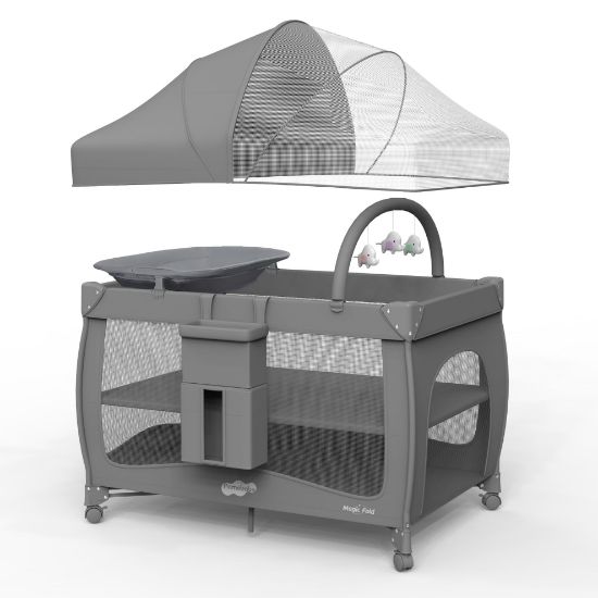 Picture of Pamo Babe 7 in 1 Pack and Play, Bassinet, Portable Crib, Diaper Changer, Magic Fold Quick Setup Playard with Mattress, Mosquito Net, Zipper Door, Toy Arch for Newborn to Toddler