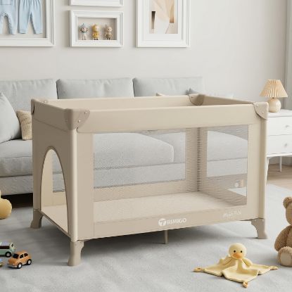 Picture of Trimigo Portable Travel Crib & Playpen - Baby Safe Folding Travel Bed w/Mattress, Breathable Mesh | Compact Lightweight Baby Bed | Pack and Play for Babies & Toddlers (Khaki)
