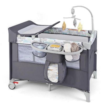 Picture of BABY JOY 5-in-1 Pack and Play, Portable Baby Bedside Sleeper with Bassinet, U-Shaped Diaper Changer, Safety Strap, Side Zipper Entrance, Hangings, Bedside Crib Playard from Newborn to Toddlers (Gray)