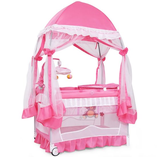 Picture of BABY JOY 4 in 1 Pack and Play with Canopy, Portable Baby Playard with Bassinet, Double-Layer Baby Crib, Wheels & Brake, Foldable Baby Girl Pink Princess Bassinet from Newborn to Toddler