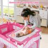 Picture of BABY JOY 4 in 1 Pack and Play with Canopy, Portable Baby Playard with Bassinet, Double-Layer Baby Crib, Wheels & Brake, Foldable Baby Girl Pink Princess Bassinet from Newborn to Toddler