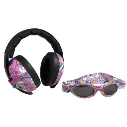 Picture of BANZ Baby Earmuffs Infant and Toddler Hearing Protection Headphones - Packaged Sunglasses Ages 0-2 Years - Ultimate Child Ear and Eye Protection - Stop Noise - Block Sun (Doodle Pink)
