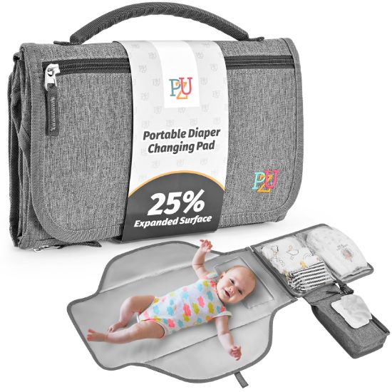 Picture of PZU Portable Diaper Changing Pad - Changing Pad Portable with Wipes Pocket, Waterproof Diaper Changing Mat, Portable Changing Pad for Baby, Newborn GiftGrey