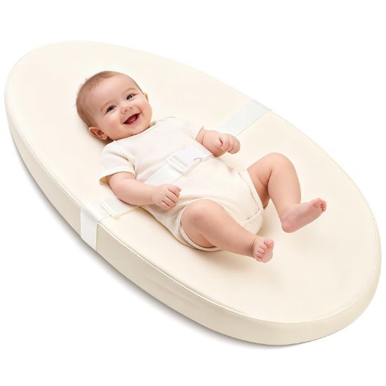 Picture of Qalvyn Baby Changing Pad for Dresser, with Wipeable Waterproof PU Cover, Contoured Diaper Changing Pad with Non-Slip Safety Belt, Portable Lightweight Changing Mat with Cushioned Foam, Beige
