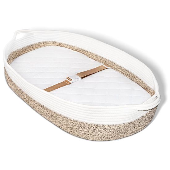 Picture of JVEOO Baby Changing Basket with Diaper Changing Pad, Breathable & Waterproof Dual-Cover Foldable Portable Travel Cotton Rope Baby Changing Mat for Dresser & Table Gift for Baby Shower