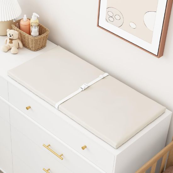 Picture of YACODAVO Wipeable Baby Changing Pad for Dresser and Table, Cozy Diaper Changing Pad with Waterproof & Wipe-Clean Leather Cover, Standard Size (31.5" L x 15.8" W), Off-White