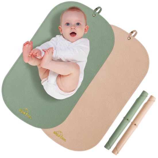 Picture of Portable Baby Diaper Changing Mat,Soft Faux Leather, Wipeable & Easy to Clean,for Home or Travel, Waterproof, with Storage Strap,Easily Put into Diaper Bag,30 x 17 in (Beige & Sage Green)