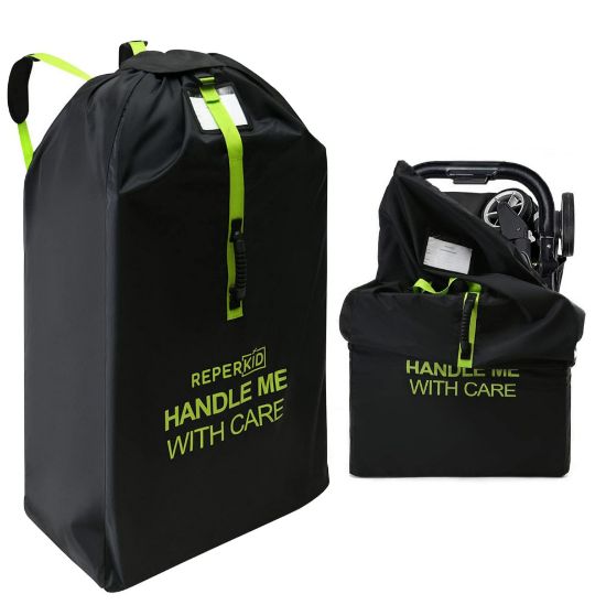 Picture of reperkid Large Stroller Bag for Airplane Travel, Black & Green, 47" H x 24" W x 15" D, Fits Most Large, Single, Double, Jogging Strollers - Premium Waterproof Cover, Adjustable Shoulder Straps