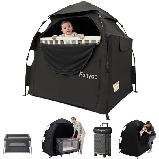 Picture of Funyoo Pop Up Blackout Tent for Babbies and Toddlers, One Click Setup Baby Travel Crib Tent, Blackout Cover for Pack N Play and Baby Crib