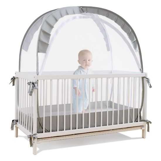 Picture of Lazyzzzz Crib Tent, Pop Up Mosquito Crib Net with Double Zipper Self-Locked,1200 Holes/Inch Mesh to Keep Baby from Climbing Out, Portable Easy Install Mosquito Net 55" L x 27" W x 51" H Grey