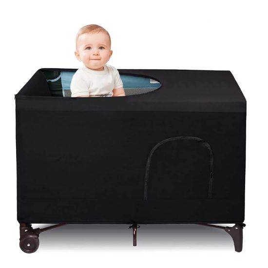 Picture of Blackout Crib Canopy Cover Stretchy Breathable Travel Netting Tent and Shade Stretch Up to 40"30" for Indoor and Outdoor Children's Sleep Safety (Black)