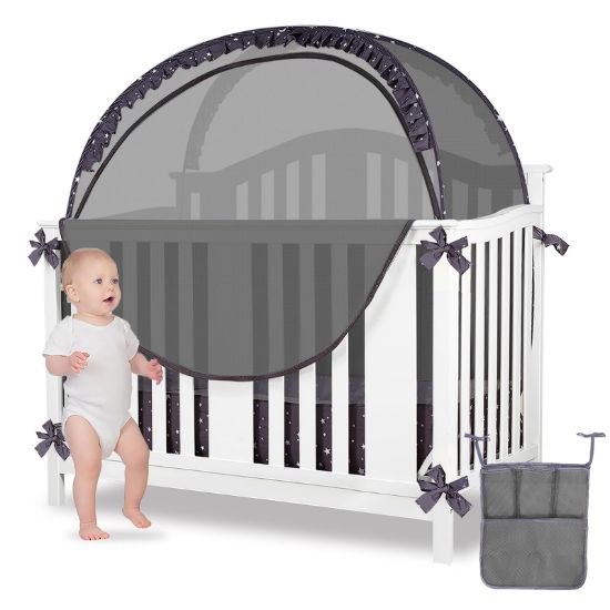 Picture of ZXPLO Baby Safety Crib Tent Infant Pop up Mosquito Net Nursery Bed Canopy Netting Cover - Keep Baby from Climbing Out with Hanging Diaper Storage Bag (Dark Gray)