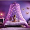 Picture of Purple Canopy for Girls Bed with Pre-Glued Glow in The Dark Unicorns - Princess Mosquito Net Room Decor - Kids & Baby Bedroom Tent with Galaxy Lights - 1 Opening Canopy Bed & Hanging Kit Included