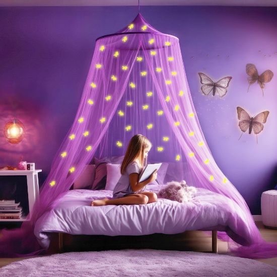 Picture of Purple Canopy for Girls Bed with Pre-Glued Glow in The Dark Unicorns - Princess Mosquito Net Room Decor - Kids & Baby Bedroom Tent with Galaxy Lights - 1 Opening Canopy Bed & Hanging Kit Included