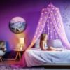 Picture of Purple Canopy for Girls Bed with Pre-Glued Glow in The Dark Unicorns - Princess Mosquito Net Room Decor - Kids & Baby Bedroom Tent with Galaxy Lights - 1 Opening Canopy Bed & Hanging Kit Included