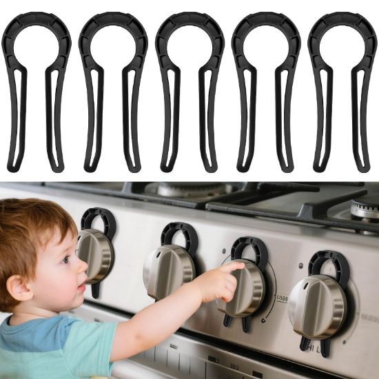 Picture of Gas Stove Knob Locks Protecting Kids and Pets; Oven Knob Covers for Child Safety (5 Pack,Black)