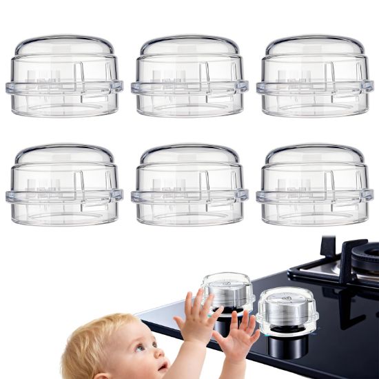 Picture of 6 Pack Gas Stove Knob Covers - Heat-Resistant Baby Proof Stove Knob Locks with Universal Size, Stove Child Proof Knobs with Adhesive, Stove Safety Guard for Kids Toddler Pet(Transparent)