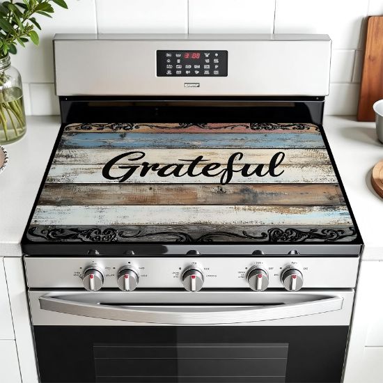 Picture of AOHMPT Multi-Design Stove Top Cover for Glass/Electric Stoves - 3-in-1 Heat-Resistant Protector Mat, Non-Slip Drying Rack 30" x 21" (Grateful)