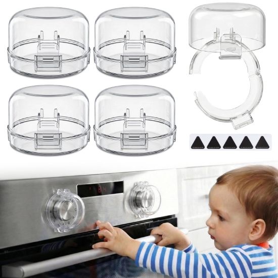 Picture of YEWROXY Stove Knob Covers for Child Safety - 5-Pack Heat-Resistant Oven Lock Knob Covers with Heat Alert Stickers, Baby and Pets Proofing Guards for Gas & Electric Stoves(Clear)