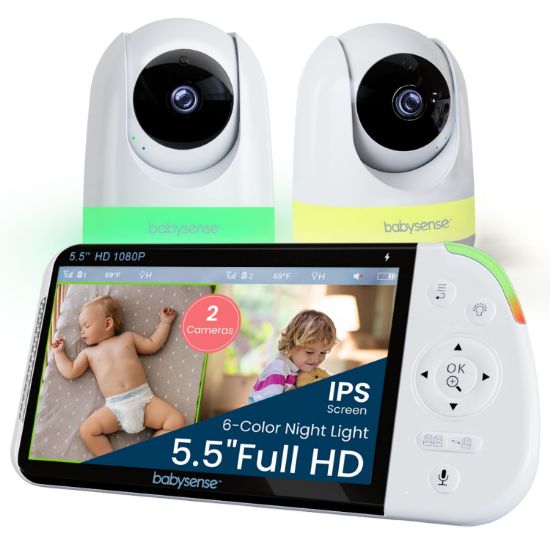 Picture of Babysense PRO Full HD 5.5" Split Screen Baby Monitor with 2 Cameras, 6-Color Night Light, White Noise, Sound & Light Machine, 20-Hour Battery, Hack-Proof Non-WiFi Secure Connection