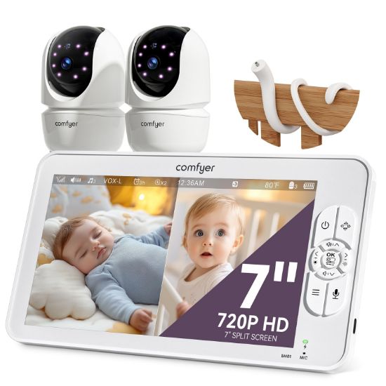 Picture of Comfyer BM01 7" HD Split-Screen Baby Monitor with 2 1080P Cameras, 48 Hrs 6000mAh Battery Runs 2 Days in VOX Mode, No WiFi Monitor with a Flexible Bracket, 2 Way Audio, Remote PTZ, Auto Night Vision
