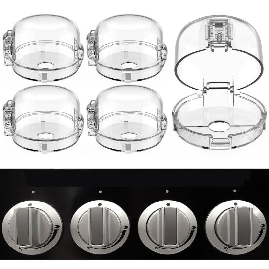 Picture of Stove Knob Safety Covers, for Knob Diameter Less Than 2.4", Press Gas Stove Knob Locks, Unlock with Two-Finger, Oven Knob Covers for Child Safety, Clear, Pack of 5